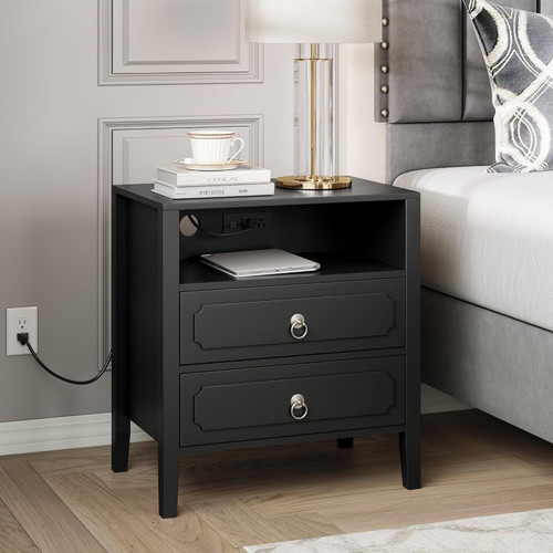 Modern Transitional Black Nightstand with Charging Station, 26 Inch Tall Bedside Table with 2 Drawers, Open Shelf, USB Ports & Outlets for Bedroom or Apartment. (Already assembled)