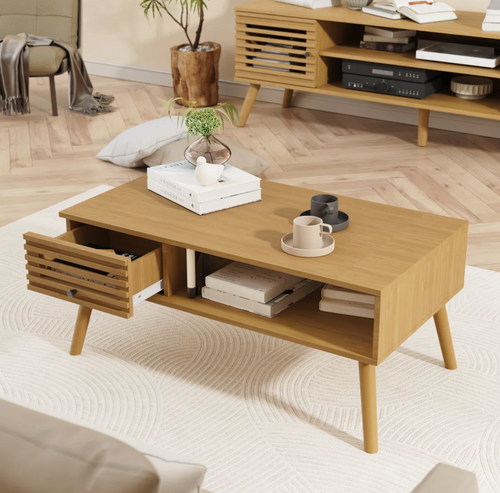 Coffee Table, Mid Century Modern Table With Storage, Living Room Center Table With Slatted Panel Drawer, Fluted Wood Coffee Table With Open Shelf For Living Room, Oak.  (Already assembled)