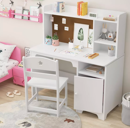 Kids Desk and Chair Set, Wooden Study Desk with Hutch, Storage Cabinet, Writing Desk-Computer Workstation for Kids Bedroom & Study Room,White.  (Already assembled)