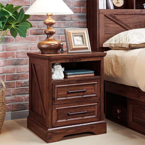Farmhouse Nightstand with 2 Drawers and Charging Station, Brown.