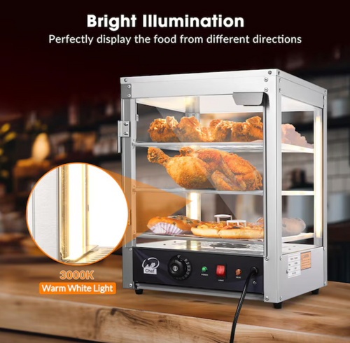 15 IN Commercial Countertop Food 3 Tier Pizza Warmer with LED Adjustable Lighting Food Heater Display Case Stainless Steel for Buffet Restaurant Pizza Display Case.