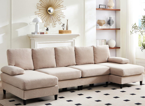 114" U-Shaped Living Room Sofa Set, Linen Fabric Sectional Soft Couch, 4 Seat Modern Couches with Removable Pillows for Living Room, Bedroom, Apartment and Small Space - Beige.  (Already assembled)