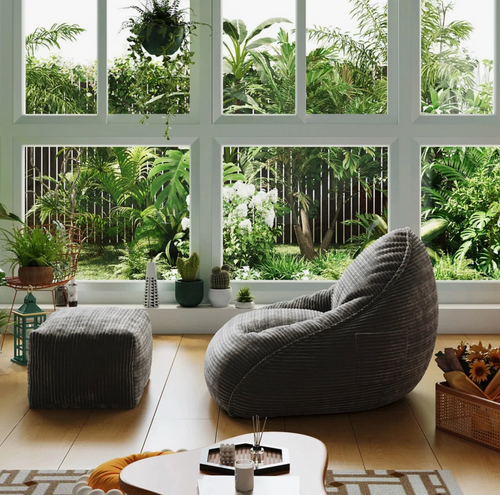 Soft Bean Bag Chair For Adults With Ottoman, Oversized Floor Sofa For Living Room, Gaming, Lounging, Napping (Gray).