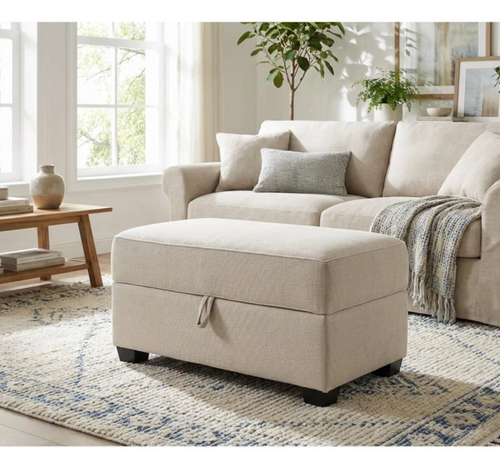 Beige Fabric Storage Ottoman.