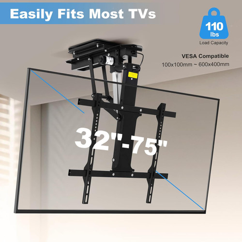 360° Manual Swivel Motorized Ceiling TV Mount with 80° Electric Flip Down, Remote & App Control, 110 lbs Heavy Duty for 32–75” TVs, TV01.11(Flip Down + Swivel).