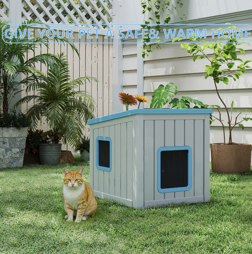 Outdoor Cat House,Sloping Roof Design,Waterproof Resin Shelter for Indoor & Outdoor Use, Warm & Easy to Assemble,Blue.