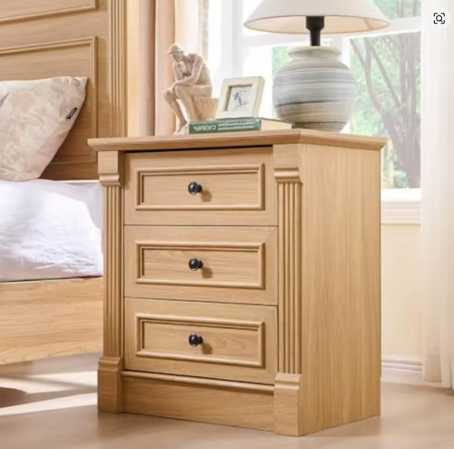 26" Tall Farmhouse Nightstand 3 Drawers End Table w/Charging Station 23.6" Wide Large Side Table w/Roman Column Wood Rustic Sof.