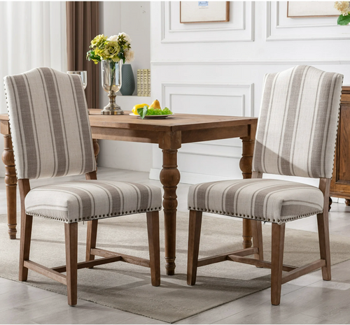 Elegant Dining Chairs Set of 2, Mid-century Linen Wooden Farmhouse Parsons Chair with Nailhead Trim for Dining Room, Beige with Brown Stripes. (Already assembled)