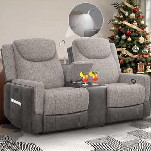Loveseat Recliner Sofa, Manual Reclining Loveseat with Reading Light, Chic Blend Style Sofa, Storage Console, Cup Holders, USB Ports, Fabric & PU Leather, Recliner Couch for Living Room/RV. (Already assembled)