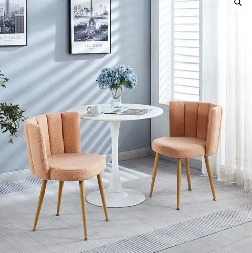 Modern Beige Dining Chair Set of 2 with Iron Tube Wood Color Legs.