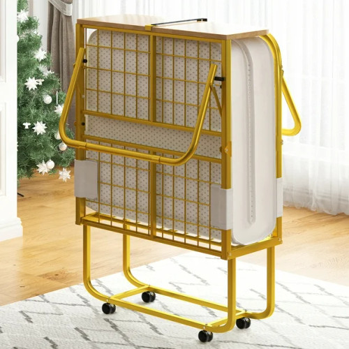 Folding Bed with 5” Mattress Included, Temporary Bed for Guests and Families, 75"x31" Size Bed Frame, Space-Saving Rollaway Bed with Lockable Rollers, Upgraded (A+), Gold.
