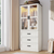 Farmhouse 75"H Glass Door Armoire Wardrobe Closet With LED Light, Freestanding Closet Wardrobe Cabinet For Bedroom With Hanging Rod And 3 Drawers.  (Already assembled)