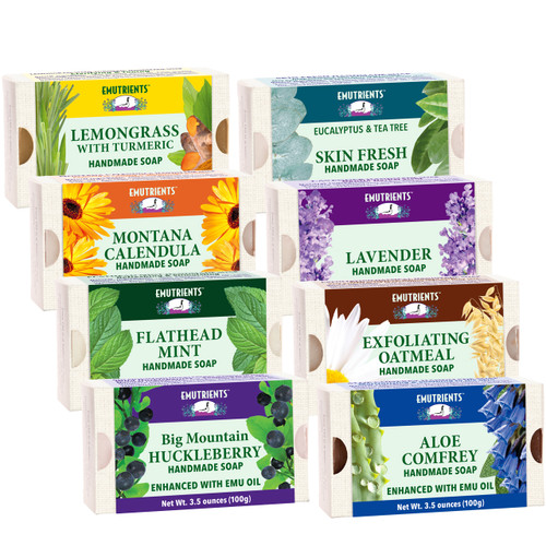 EMUTRIENTS™ Handmade Soaps Net Wt. 3.5 ounces (100g) Bar Soaps
ENHANCED WITH EMU OIL EMUTRIENTS™ Handmade Soaps Net Wt. 3.5 ounces (100g) Bar Soaps
ENHANCED WITH EMU OIL