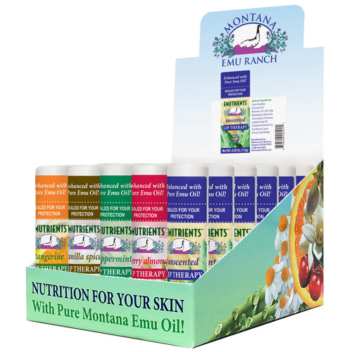 EMUTRIENTS™ by Montana Emu Ranch Lip Therapy counter POP display. 30 count. EMUTRIENTS™ by Montana Emu Ranch Lip Therapy counter POP display. 30 count.