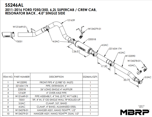 MBRP 4 Inch Resonator Back Exhaust System Single Side Exit Aluminized Steel For 11-16 Ford F-250/350/450 6.2L - S5246AL