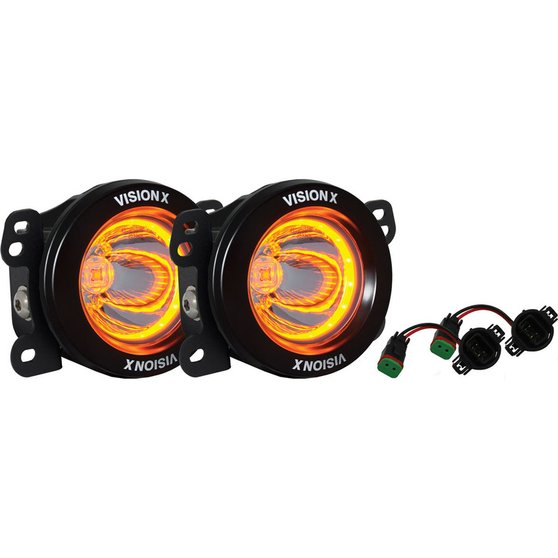 Vision X Lighting 10-17 Jeep Jk Style Factory Fog Light Upgrade Kit Using Optimus Round Amber Halo Lights (Includes Two Optimus Round Halo 15 Degree Lights, Mounting Hardware, And Power Connectors) - XIL-OE1012JKV2OPRHA