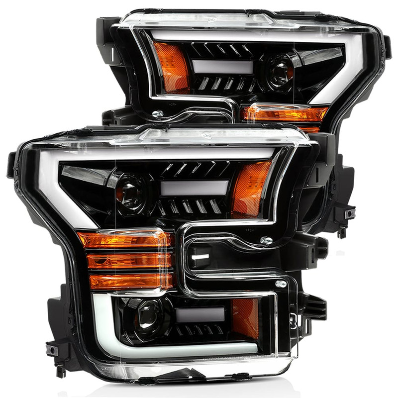 AlphaRex 15-17 Ford F-150 17-20 Ford F-150 Raptor PRO-Series Projector Headlights Plank Style Design Gloss Black w/ Activation Sequential Signal - 880158