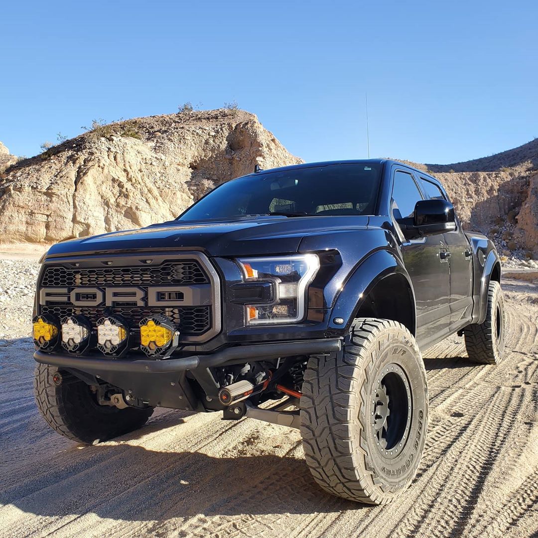 2019 Black Ford Raptor RPG Frame cut front bumper Baja designs LP6 LED lights