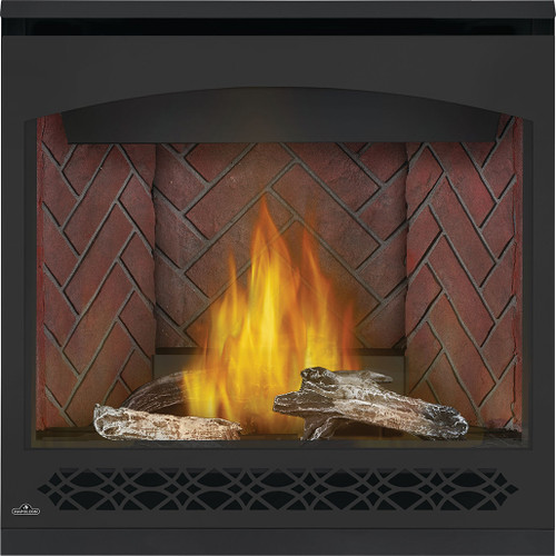 Napoleon Ascent 36" Direct Vent Gas Fireplace | Old Town Red Herringbone Panels and Beach Fire Kit