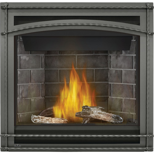 Napoleon Ascent 36" Direct Vent Gas Fireplace | Westminster Standard Panels with Beach Fire Kit and Wrought Iron Decorative Front