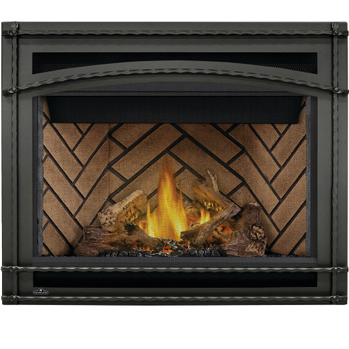Napoleon Ascent 42" Direct Vent Gas Fireplace |  Old Town Red Herringbone Panels and Wrought Iron Decorative
