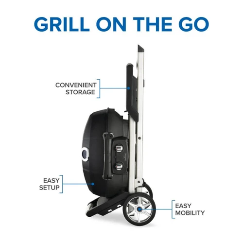 Napoleon Travel Q Gas Grill with Scissor Cart | Very compact when folded; it can be tucked away, stand upright in a corner with its convenient kick stand, or even hang up for the easiest grill storage ever