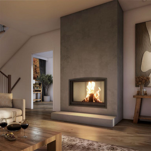 Valcourt Frontenac Wood Burning Fireplace | The door and firescreen, equipped with a removable handle, discreetly slide under the hearth, providing easy and secure access to the fire
