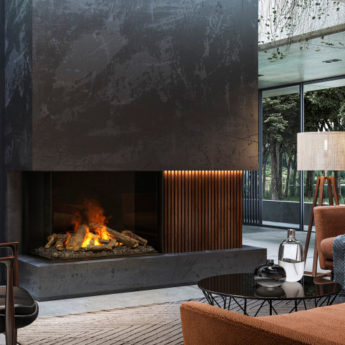 Dimplex Optimyst e-Matrix 37-Inch Left Corner Built-In Water Vapor Electric Fireplace | Let the pulsating lights beneath the logs dazzle and shine through for a lifelike burning effect.