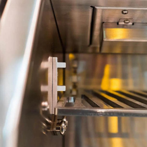 Hestan 42" Built-In Gas Grill with Rotisserie Burner | Patented stainless steel DiamondCut™ warming rack is lasered in-house with three vertical positions and offers concealed storage when not in use.