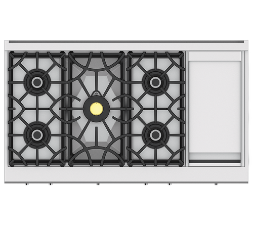 Hestan 48" KRD Series Dual Fuel Range with Griddle | The 48″ range with griddle offers the most powerful gas burner available to the home – the patented CircuFlame burner