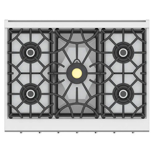 Hestan 30" KRG Series 4 Burner Gas Range | Patented heavy-duty cast-iron grates provide a continuous uninterrupted and maximized cooking surface for best in class coverage. In combination with brass sealed burner and burner bowl, designed to optimize combustion efficiency to produce top cooking performance, including the fastest time-to-boil
