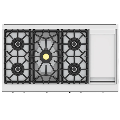 Hestan 48" KRG Series with Griddle Gas Range | Patented heavy-duty cast-iron grates provide a continuous, uninterrupted, and maximized cooking surface for best-in-class coverage
