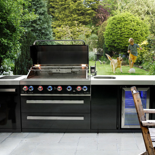 Mont Alpi 805 Black Stainless Steel Island with Beverage Center | 6-burner grill unit