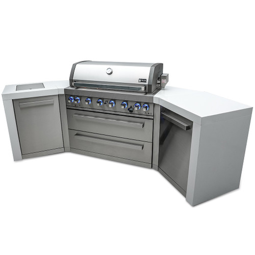 Mont Alpi 6-Burner Deluxe Island with 45-Degree Corners | White granite surfaces and waterfall sides