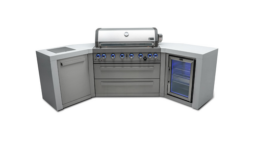 Mont Alpi 6-Burner Deluxe Island with 45-Degree Corners and Fridge Cabinet | This deluxe grill features six burners, infrared side and rear burners, and a lockable outdoor-rated fridge with LED lighting and temperature controls