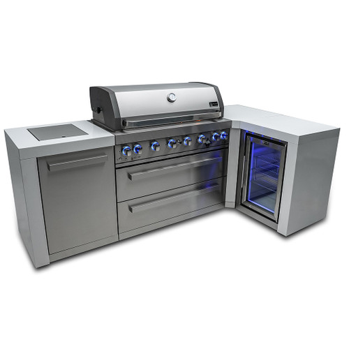 Mont Alpi 6-Burner Deluxe Island with a 90-Degree Corner and a Fridge Cabinet | 6-burner grill unit - 43"x23"x47"