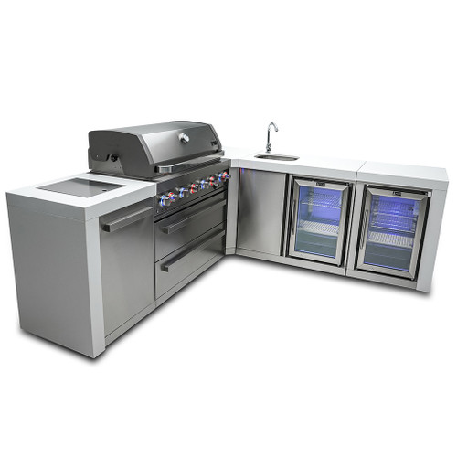 Mont Alpi 6-Burner Deluxe Island with a 90-Degree Corner, Beverage Center and Fridge Cabinet | 6-burner grill unit - 43"x23"x47"
