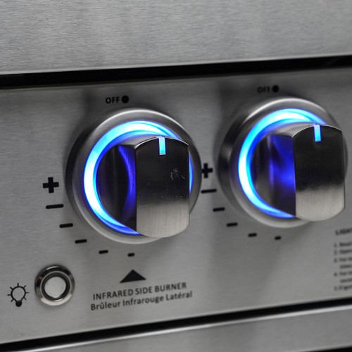 Mont Alpi 6-Burner Island with a 90-Degree Corner, Kegerator and Beverage Center | The LED knob lights and internal cooking lights give you precision control over your culinary creations