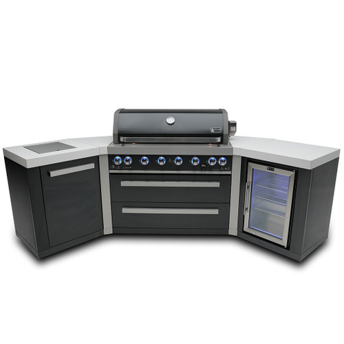 Mont Alpi 805 Black Stainless Steel Island with 45-Degree Corners and a Fridge Cabinet | Left side burner unit - 25"x23"x35"
