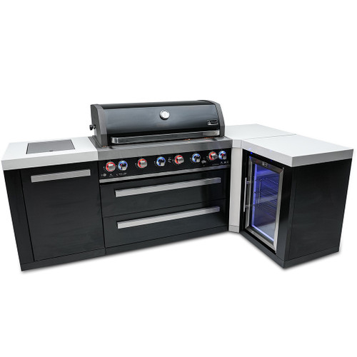 Mont Alpi 805 Black Stainless Steel Island with a 90-Degree Corner and a Fridge Cabinet | 6-burner grill unit - 43"x23"x47"