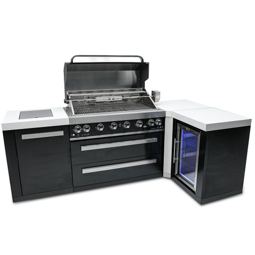 Mont Alpi 805 Black Stainless Steel Island with a 90-Degree Corner and a Fridge Cabinet | 115,000 BTU Heat Output Mont Alpi 805 Black Stainless Steel Island with a 90-Degree Corner and a Fridge Cabinet | 115,000 BTU Heat Output