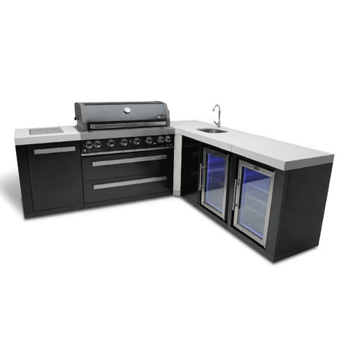 Mont Alpi 805 Black Stainless Steel Island with a 90-Degree Corner and a Beverage Center | The 90-degree beverage module provides extra prep space, an outdoor-rated refrigerator with LED internal lights and six settings, plus a sink and faucet