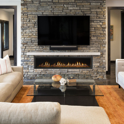 Heat N Glo 36" Mezzo Direct Vent Linear Fireplace | Trendy fire bed materials and timeless log sets – and heat-management options so you can enjoy the beauty of this linear fireplace near your TV