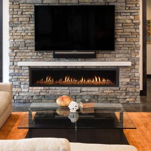 Heat N Glo Mezzo 72-Inch Linear Gas Fireplace | A wide range of sizes and styles help make Mezzo yours – including trendy fire bed materials and timeless log sets – and heat-management options so you can enjoy the beauty of this linear fireplace near your TV