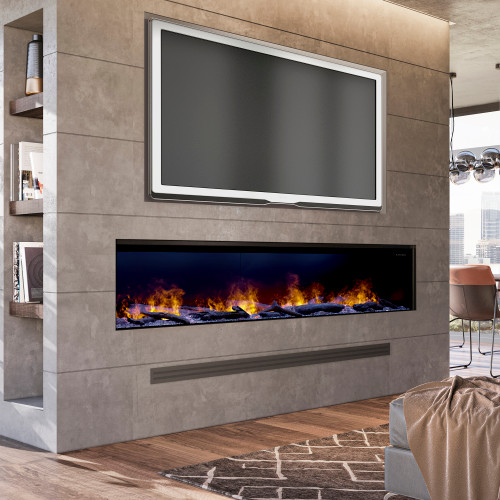 Dimplex Optimyst 86-Inch Linear Electric Fireplace | Choose between a traditional amber glow or go contemporary using a full range of customizable colors—you also have the option to automatically rotate through colors.