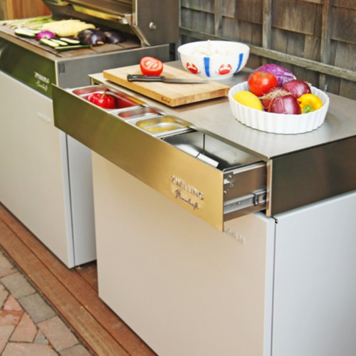 Flammkraft Zwilling Model M Kitchen Prep Center Module Gas Grill | Push to open drawers