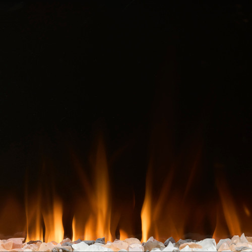 Dimplex Vital Sense 74-Inch Electric Fireplace | Tumbled glass ember bed adds depth and sparkle for a refined, modern flame presentation.