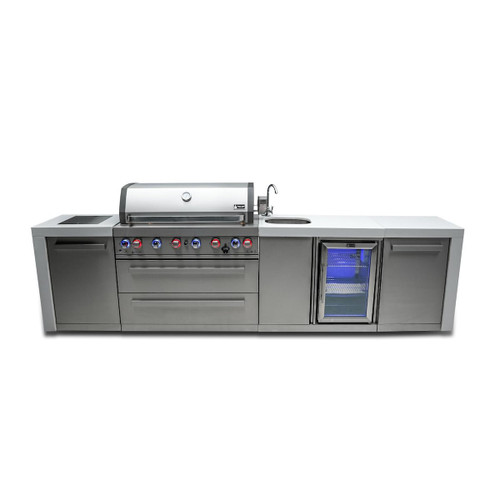Mont Alpi Deluxe Series 11FT Outdoor Kitchen Island with Side Burner and Beverage Center | Waterfall granite countertops are stylish & durable
