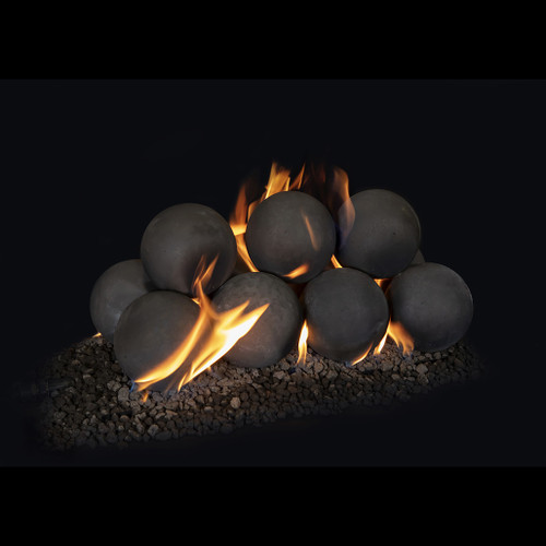 Grand Canyon 36" Vented Contemporary Cannonballs with Gas Burner | Cannonballs can be nestled in a bed of lava granules surrounded by crushed reflective glass to elevate both indoor and outdoor fireplaces and linear fire pits.