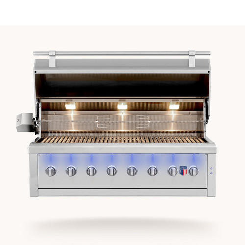 American Made Grill Ovation 54-Inch Built-In Hybrid Grill |  The increased space allows for multiple cooking zones, giving you the flexibility to prepare larger meals while maintaining control over heat and flavor. Interior halogen lighting and a rotisserie back burner support extended cooking sessions that carry into the evening.